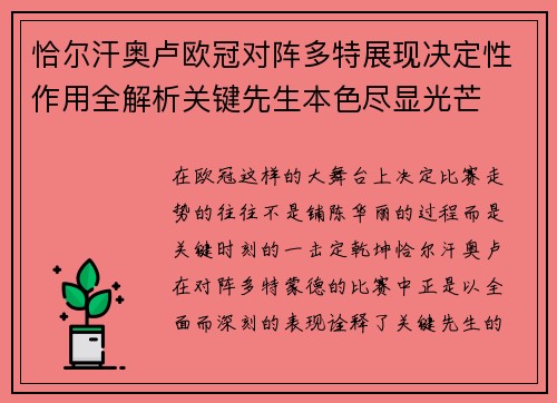 恰尔汗奥卢欧冠对阵多特展现决定性作用全解析关键先生本色尽显光芒