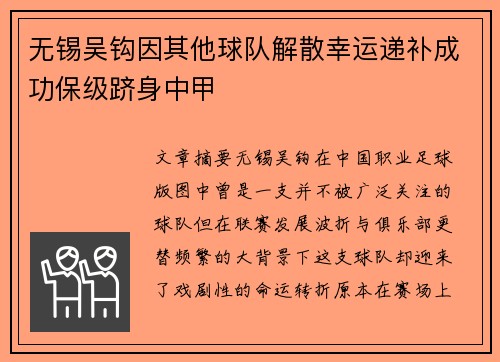 无锡吴钩因其他球队解散幸运递补成功保级跻身中甲